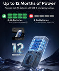 Premium Smart WiFi Door Lock Featuring Slick Fingerprint Keypad And Apple Home Key Compatibility For Smooth iPhone Unlocks showing battery life indicators and power supply.