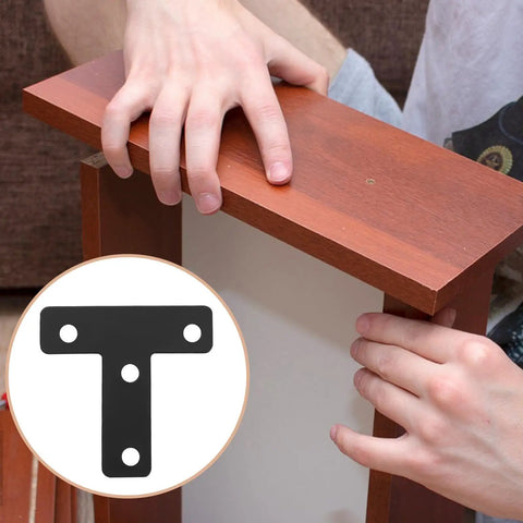 Hands assembling furniture using Beefy Heavy Duty Black T Shape Corner Brackets 20 Pieces Stainless Steel With Screws Small Flat Corner Braces