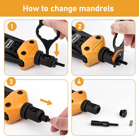 Step-by-step guide on changing mandrels in 16 Inch Rivet Nut Tool Kit With 15 Mandrels And 300 Rivet Nuts Assortment For Metric And SAE Sizes.