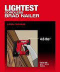 Illustration of M12 Fuel 18 Gauge Compact Brad Nailer used on hardwood, weighing 4.6 lbs, with battery pairing info.
