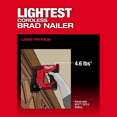 Illustration of M12 Fuel 18 Gauge Compact Brad Nailer used on hardwood, weighing 4.6 lbs, with battery pairing info.