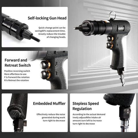 Pneumatic Rivet Nut Gun With Self Locking Head And 3 Mandrels 1/4 5/16 3/8 Industrial Grade Adjustable Speed Pull Rivnut Gun Model LM07