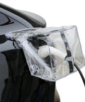 Hella Rugged Outdoor Ev Charger Cover For Electric Vehicles showing clear vinyl protection for charging port on black car.