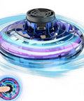 Flying Spinner UFO Drone Hand Controlled Mini Fidget Toy with bright RGB LEDs in motion, showcasing USB charging port.