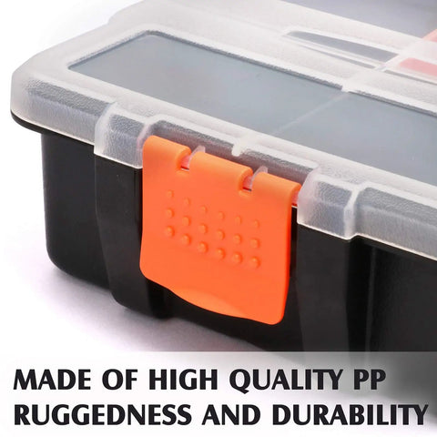 Close-up of black and orange Four Piece Toolbox Storage Set with Customizable Removable Dividers, showing PP plastic latch.
