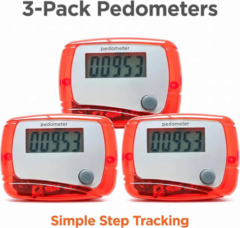 Portable Mini Digital Pedometer With LCD Screen Step Counter Tracking Walking Distance In Miles Calorie Burn And Exercise Time Plus Daily Target Monitor For Walks Runs And Daily Fitness On The Go Red, 3 red units
