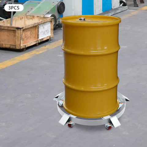 Heavy Duty Steel Drum Dolly For 55 Gallon Barrels With Cross Braces And 4 Swivel Casters, Industrial drum cart under yellow 55-gallon barrel