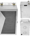 Heavy Duty Commercial Food Dehydrator Featuring 18 Slick Stainless Steel Trays Plus Adjustable 24 Hour Timer, front and side view.