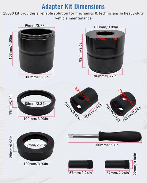 Adapter components showing dimensions for the Leaf Spring Pin And Bushing Adapter Service Tool Kit For Heavy Duty Semi Trucks And Equipment Works With Pins And Bushings Starter Set For Quick On Vehicle Removal And Installation.