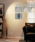 Arc Corner Floor Lamp With 3000K Warm White Cozy Vibes Mood Lighting, showcasing three brightness presets near a sofa