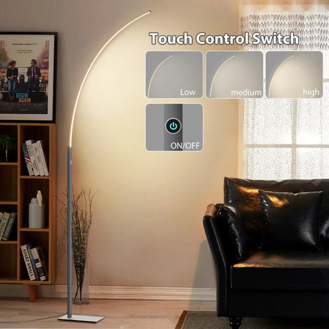 Arc Corner Floor Lamp With 3000K Warm White Cozy Vibes Mood Lighting, showcasing three brightness presets near a sofa