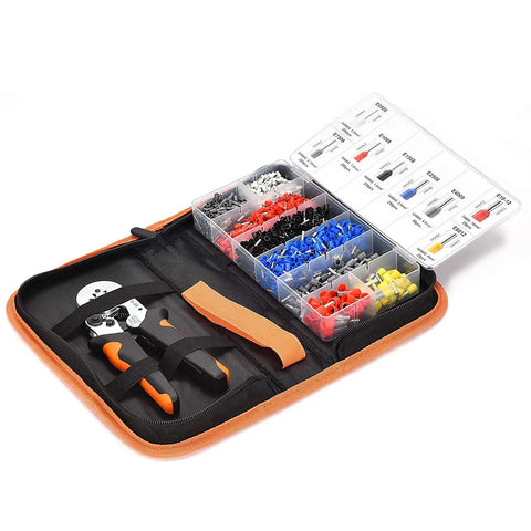 All-In-One Crimping Tool Kit With Oxford Bag, 1200 Copper Terminal Ferrules, Self-Adjustable Ratchet Wire Crimping Pliers Set