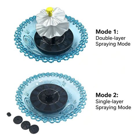 Sun Powered Hanging Bird Bath Fountain With Cascade Water Feature For Outdoor Garden Patio Backyard Lawn Decor Blue No Wiring Needed Easy Setup And Water Motion To Attract Birds And Elevate Your Outdoor Space showing two spraying modes.