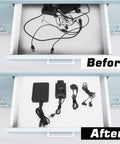 Before and after drawer organization using 150 Piece Reusable Cable Ties Set With 4, 6, 8, 10 Inch Hook And Loop Straps.