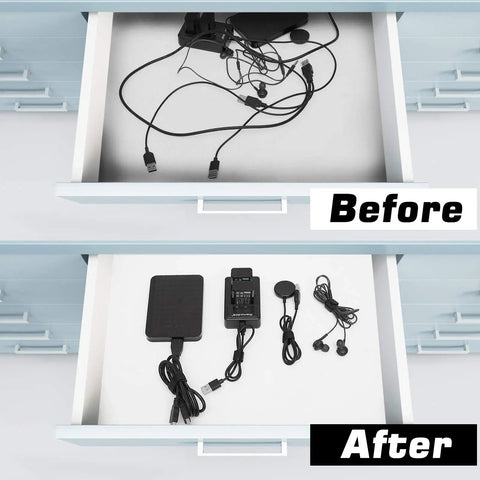 Before and after drawer organization using 150 Piece Reusable Cable Ties Set With 4, 6, 8, 10 Inch Hook And Loop Straps.