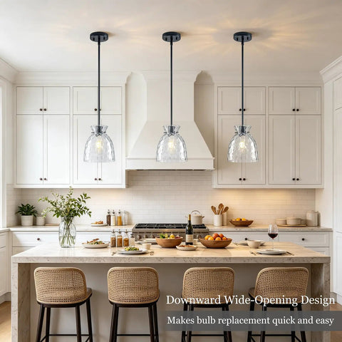 7.5" Black Hammered Glass Pendant Lights Kitchen Island Lighting 1 Pack E26 showcasing three pendant lights above a kitchen island.