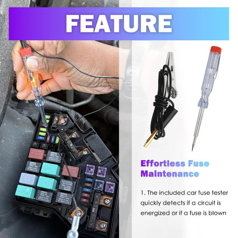 Hella Durable 120 Piece Blade Fuse Assortment Kit With Built In Tester And Heavy Duty Puller For Fast Auto Electrical Fixes, tester in use.