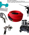 Heavy Duty 3/8 Inch By 50 Ft Hybrid Air Compressor Hose With 300 Psi Max Pressure And Solid Brass Fittings, shown in use with various tools.