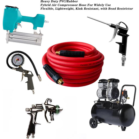 Heavy Duty 3/8 Inch By 50 Ft Hybrid Air Compressor Hose With 300 Psi Max Pressure And Solid Brass Fittings, shown in use with various tools.