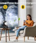 Woman in sofa using 30000mAh Solar Powered Fan With LED Lantern And 10W Panel Rechargeable Camping Fan For Outdoorsy Folks