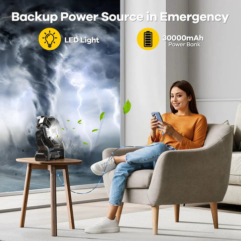 Woman in sofa using 30000mAh Solar Powered Fan With LED Lantern And 10W Panel Rechargeable Camping Fan For Outdoorsy Folks