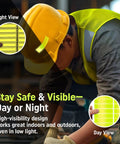 Worker wearing a hard hat with Yellow Retro Reflective Hard Hat Stickers 1 By 4 Inch Pack Of 16 Durable Helmet Decals for visibility.
