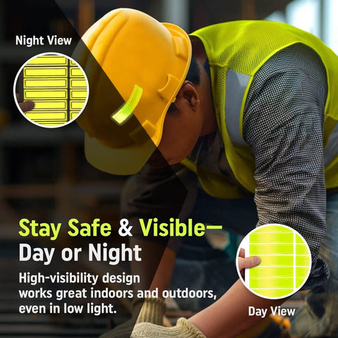 Worker wearing a hard hat with Yellow Retro Reflective Hard Hat Stickers 1 By 4 Inch Pack Of 16 Durable Helmet Decals for visibility.