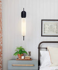 Black Milk Glass Wall Sconces Set Of 2 For Living Room Bedroom Hallway Mid Century Modern Style Lighting Fixtures With Matte Black Canopy And Soft Glass Glow Wall Mount Lamps Ideal For Mirror, mounted on bedroom wall beside bed