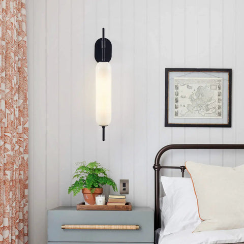 Black Milk Glass Wall Sconces Set Of 2 For Living Room Bedroom Hallway Mid Century Modern Style Lighting Fixtures With Matte Black Canopy And Soft Glass Glow Wall Mount Lamps Ideal For Mirror, mounted on bedroom wall beside bed