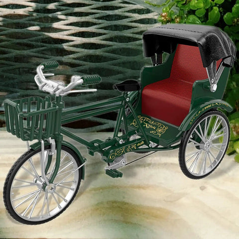 Deadset Cool Design 1:12 Scale Alloy Tricycle Model And Three Wheeled Rickshaw Miniature Figurine In Green, close-up view.