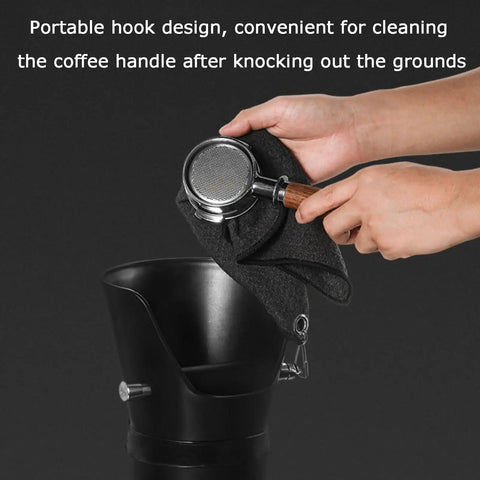 Top Shelf 6.8 Liter Espresso Knock Box Coffee Grounds Bucket With Quiet Rubber Arm Removable Lid Heavy Duty Frame Comes With Free Microfiber Rag For Your Daily Grind Setup showing portable hook design for coffee handle cleaning.