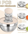 Eight Piece Khaki Stainless Steel Nesting Mixing Bowls With Airtight Lids And Three Grater Attachments shown with fine grating, thicker shredding, and thin slicing functionality.
