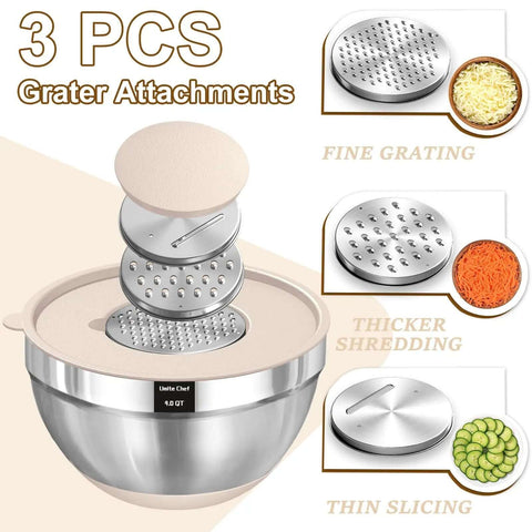 Eight Piece Khaki Stainless Steel Nesting Mixing Bowls With Airtight Lids And Three Grater Attachments shown with fine grating, thicker shredding, and thin slicing functionality.
