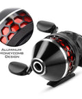 Brutus Spincast Fishing Reel With Reversible Left Or Right Handle Dual Stainless Steel Pickup System close-up of aluminum honeycomb design