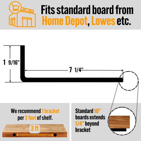 Dimensions and use case of Hidden Floating Shelf Brackets Black Carbon Steel Set for Seven and One Quarter Inch True Size.