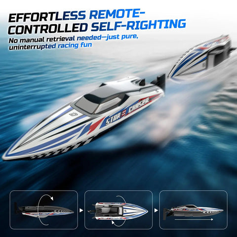 16 Inch Brushless RC Boat For Adults, Hobby Grade Racing Craft With 35 Plus KPH Speed in action, self-righting feature highlighted