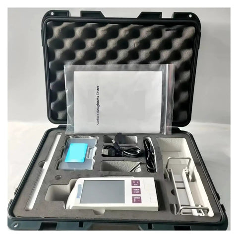 Foolproof Touch Screen Surface Roughness Tester And No Fuss Finish Gauge with accessories in protective case.