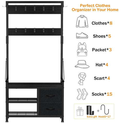 Five In One Entryway Hall Tree With Bench And Coat Rack Freestanding Black Space Saving Shoe Organizer With 17 Hooks