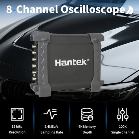 8 Channel USB Automotive Diagnostic Oscilloscope with DAQ and Programmable Signal Generator displayed on car hood