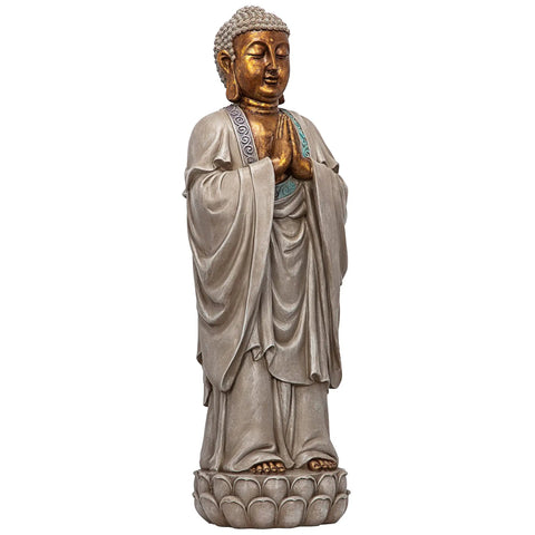 Asian Bodh Gaya Buddha garden statue, 30 inch tall cast stone resin, faux stone and metallic finish, hand painted for outdoor decor.