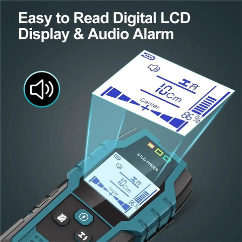 Heavy Duty Stud Finder Wall Scanner With Hd Lcd Display And Auto Calibration For Pinpointing Wood Studs Metal Nails Ac Wires And Pipes showing easy to read digital LCD screen and audio alarm.