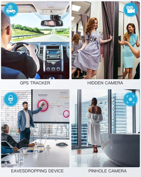 Collage showing GPS tracker, hidden camera in fitting room, eavesdropping device in meeting, and pinhole camera for security.