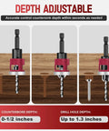 7-Piece Countersink Drill Bit Set With M2 HSS And 1/4-Inch Hex Shank, Adjustable depth stop, 82-degree countersink heads
