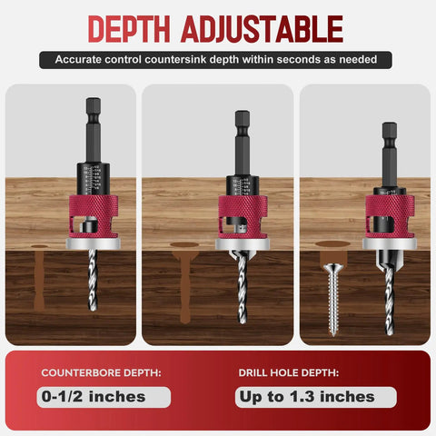 7-Piece Countersink Drill Bit Set With M2 HSS And 1/4-Inch Hex Shank, Adjustable depth stop, 82-degree countersink heads