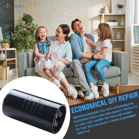 Family on sofa; Inset of 161-193 UF Round Motor Start Capacitor 110-125V AC 50/60Hz Universal Fit For AC Motor Run Or Fan Start