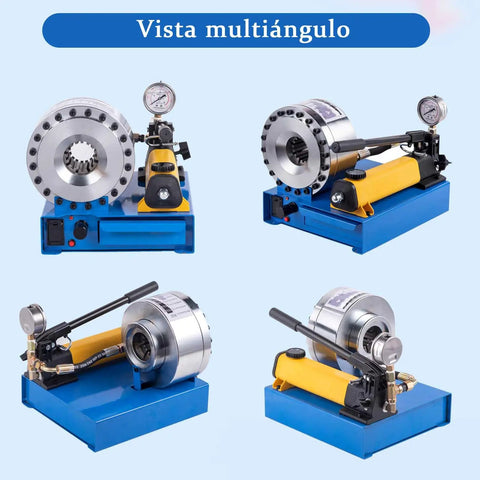 Heavy Duty Hydraulic Hose Crimping Tool With 8 Die Sets For 6 To 28mm Hose And One Quarter Inch Hydraulic Cables Single And Double Braided Crimper 1000 Tons Capacity Wide Crimp Range Durable Pro Grade in multi-angle view on blue platform