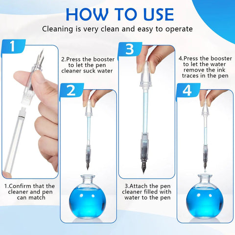 Steps to use Fountain Pen Cleaning Kit For Standard 2.6mm Japanese Caliber Pens Quick Nibs Cleaner shown with water filling process
