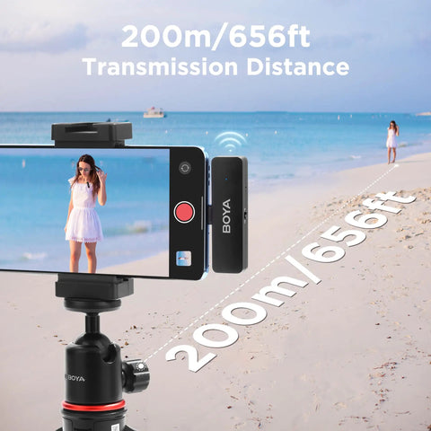Wireless Lavalier Microphone For iPhone 15 16 17 And USB Type C With 4 Channel Recording showing 200m transmission on beach