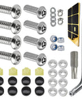 Heavy Duty Stainless Steel Anti Theft License Plate Screws Set Includes Eight Tamper Resistant Hex Bolts and accessories.