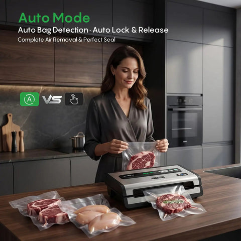 Woman using Automatic Vacuum Sealer For Food With Hands Free Operation And Built In Cutter And Roll Storage in kitchen